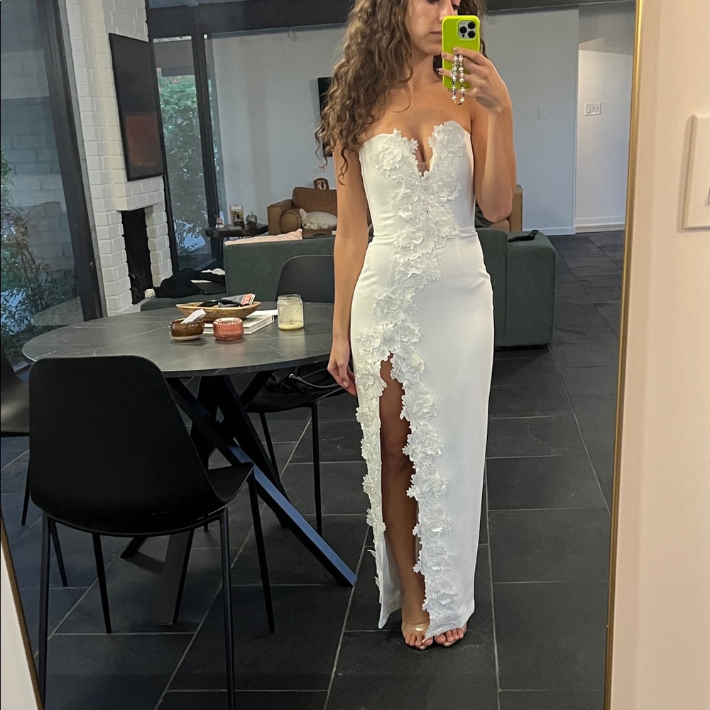 Sau Lee White Florence Floral-Appliquéd Column Gown (REVOLVE) (bride, bridal)